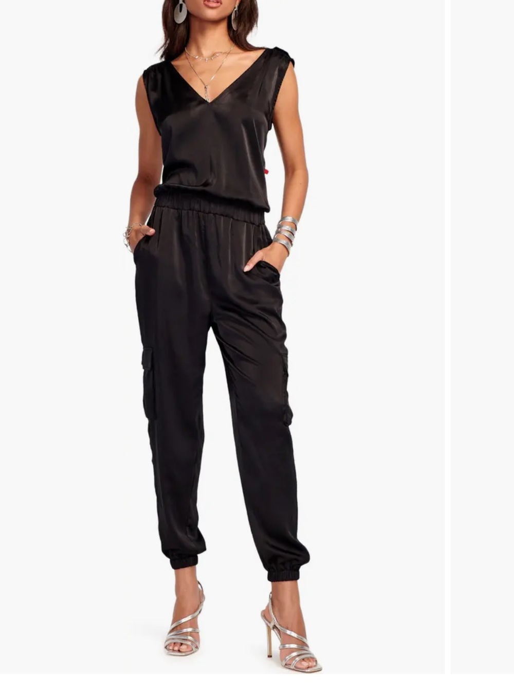 Ramy Brook Melissa Smock Waist Satin Jogger Jumpsuit
